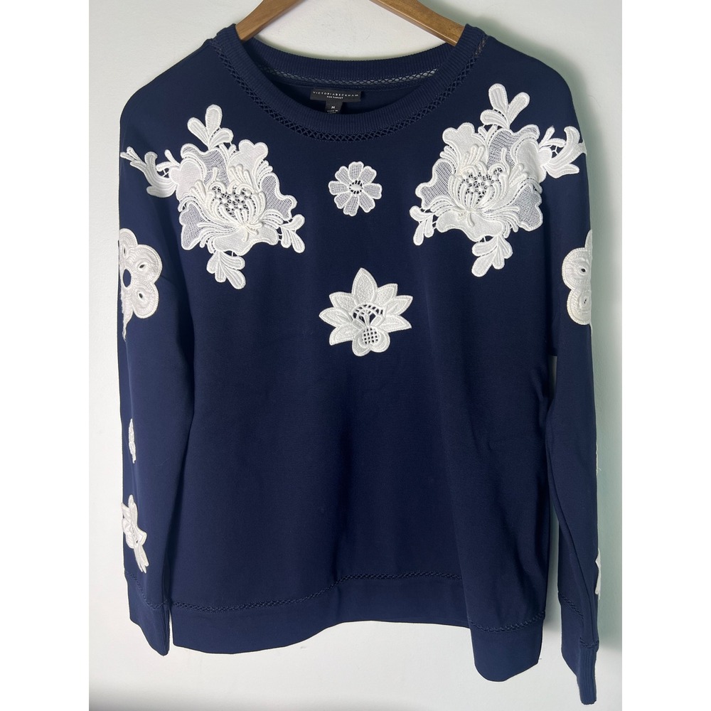 Victoria Beckham Sweatshirt Wm M Navy Floral Lace Applique Crew Neck Top Chic